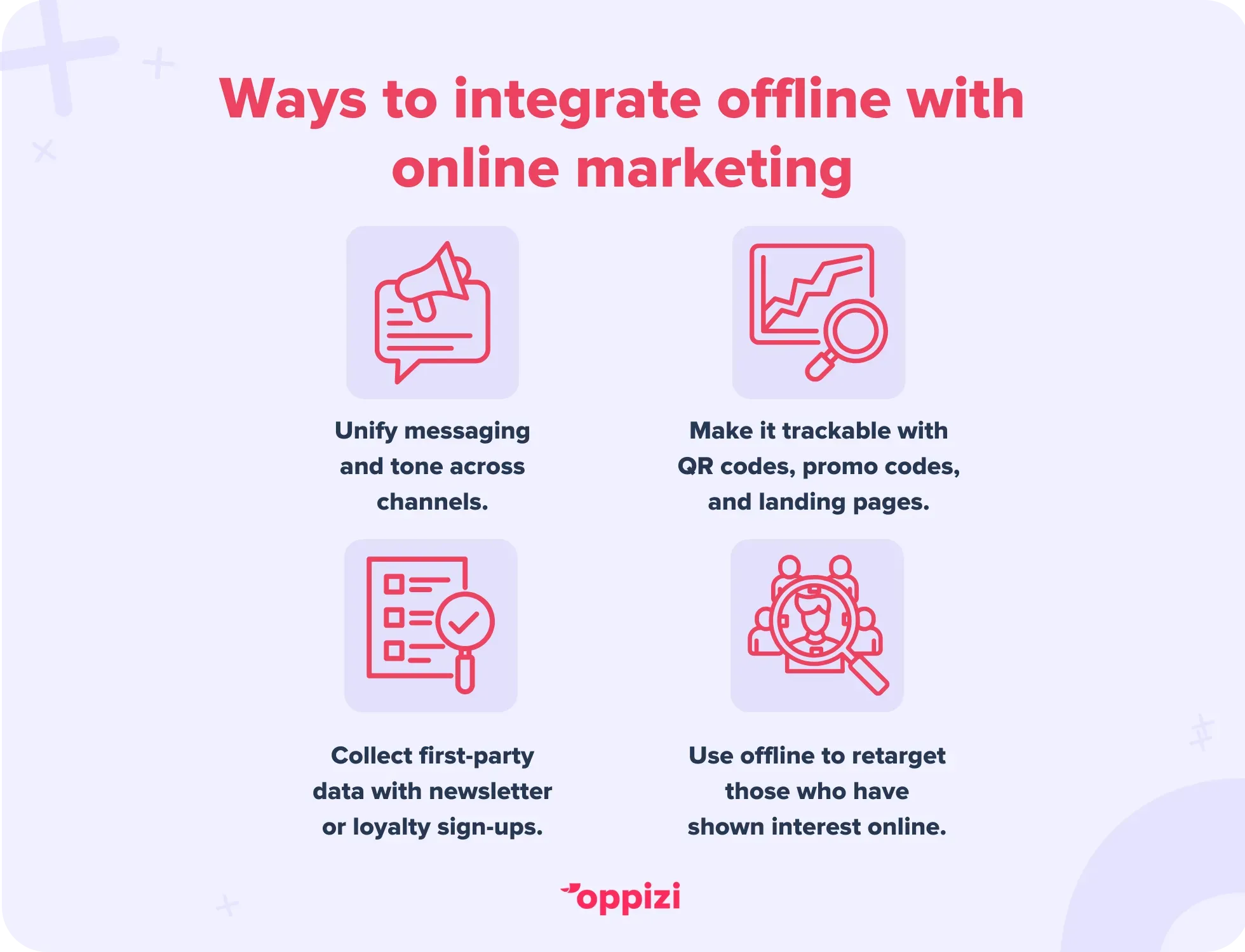 Ways to integrate offline with online marketing:
Unify messaging and tone across channels.
Make it trackable with QR codes, promo codes, and landing pages.
Collect first-party data with newsletter or loyalty sign-ups.
Use offline to retarget those who have shown interest online.

