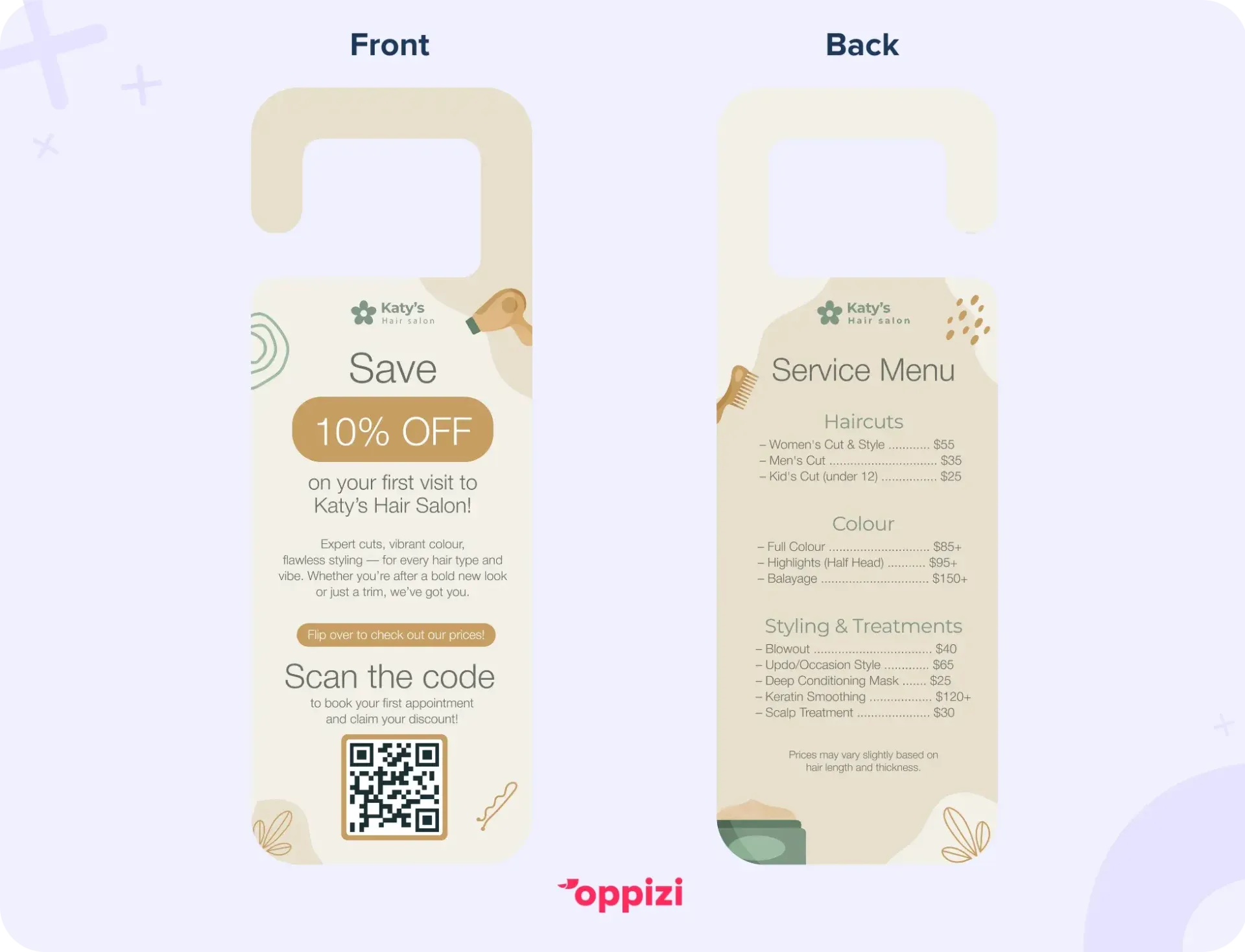 An example of a door hanger design for a hair salon, showing offer details on the front of the hanger, and a service list on the back.