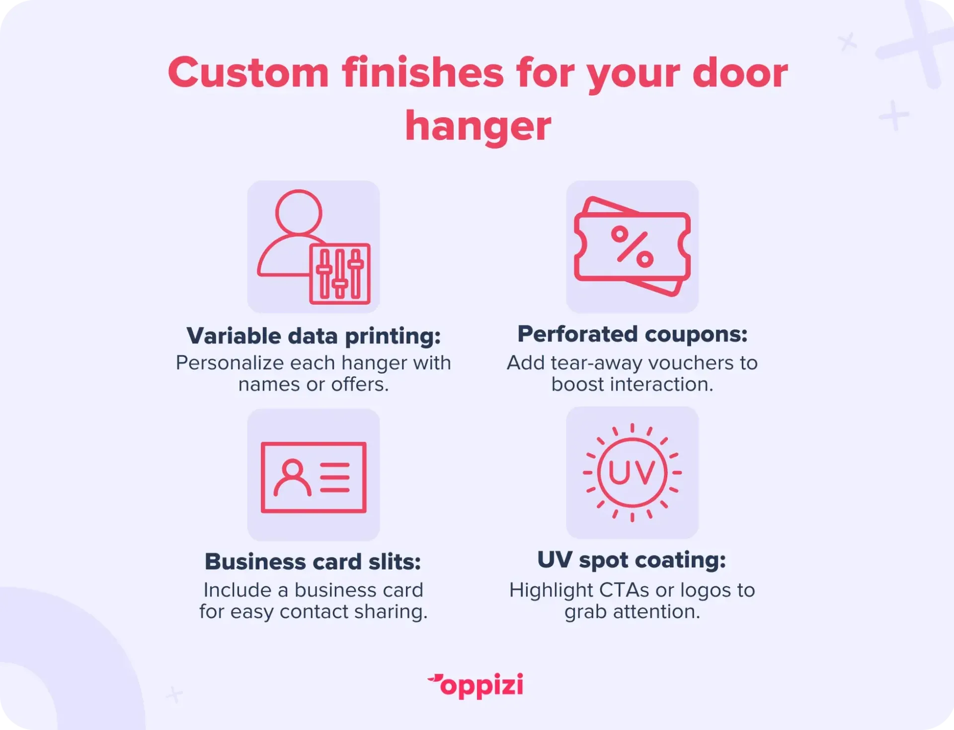 Custom finishes for your door hanger:
Variable data printing (VDP): Personalize each hanger with names, locations, or offers.
Perforated coupons: Add tear-away vouchers to boost interaction.
Business card slits: Include a business card for easy contact sharing.
UV spot coating: Highlight CTAs or logos with glossy accents to grab attention.