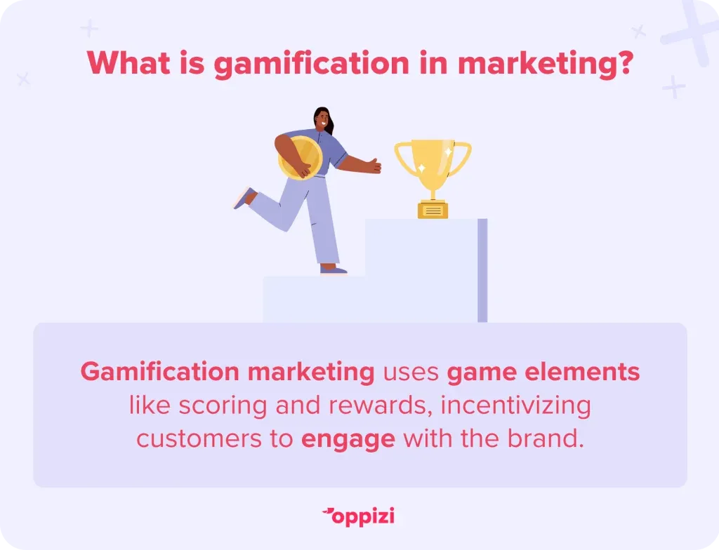 What is gamification in marketing?
Gamification marketing uses game elements like scoring and rewards in marketing campaigns, incentivizing customers to engage with the brand and ultimately convert.
