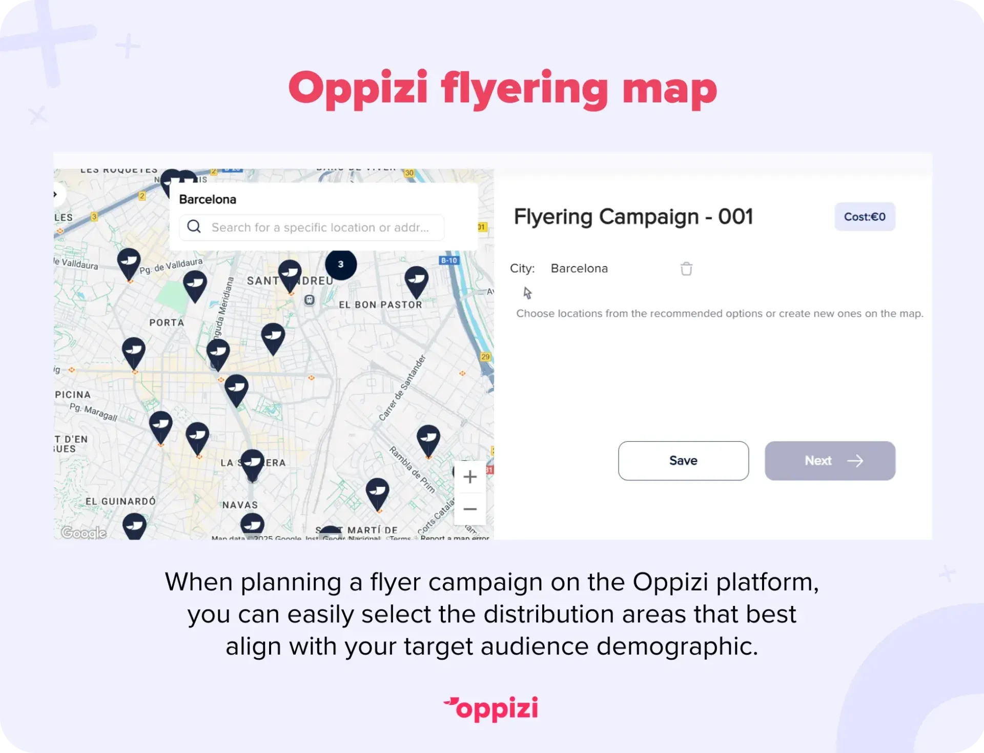 Planning the flyer distribution areas on the Oppizi platform.