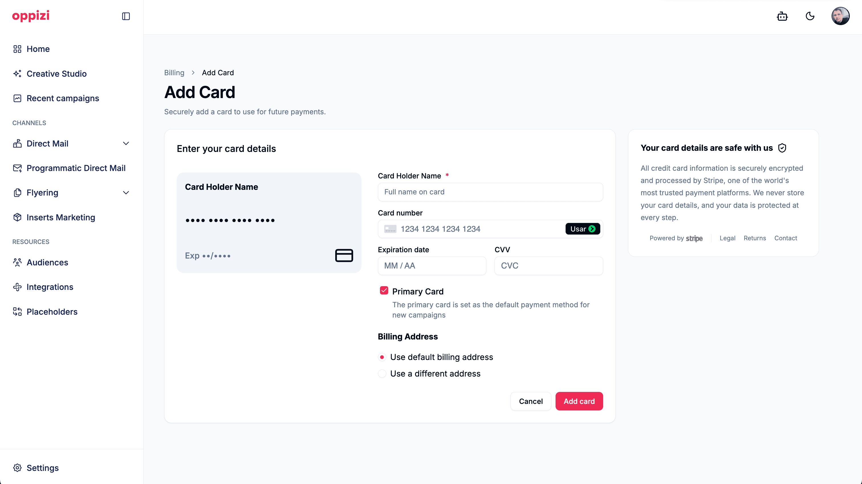 Web interface showing an 'Add Card' payment form with input fields for card details.
