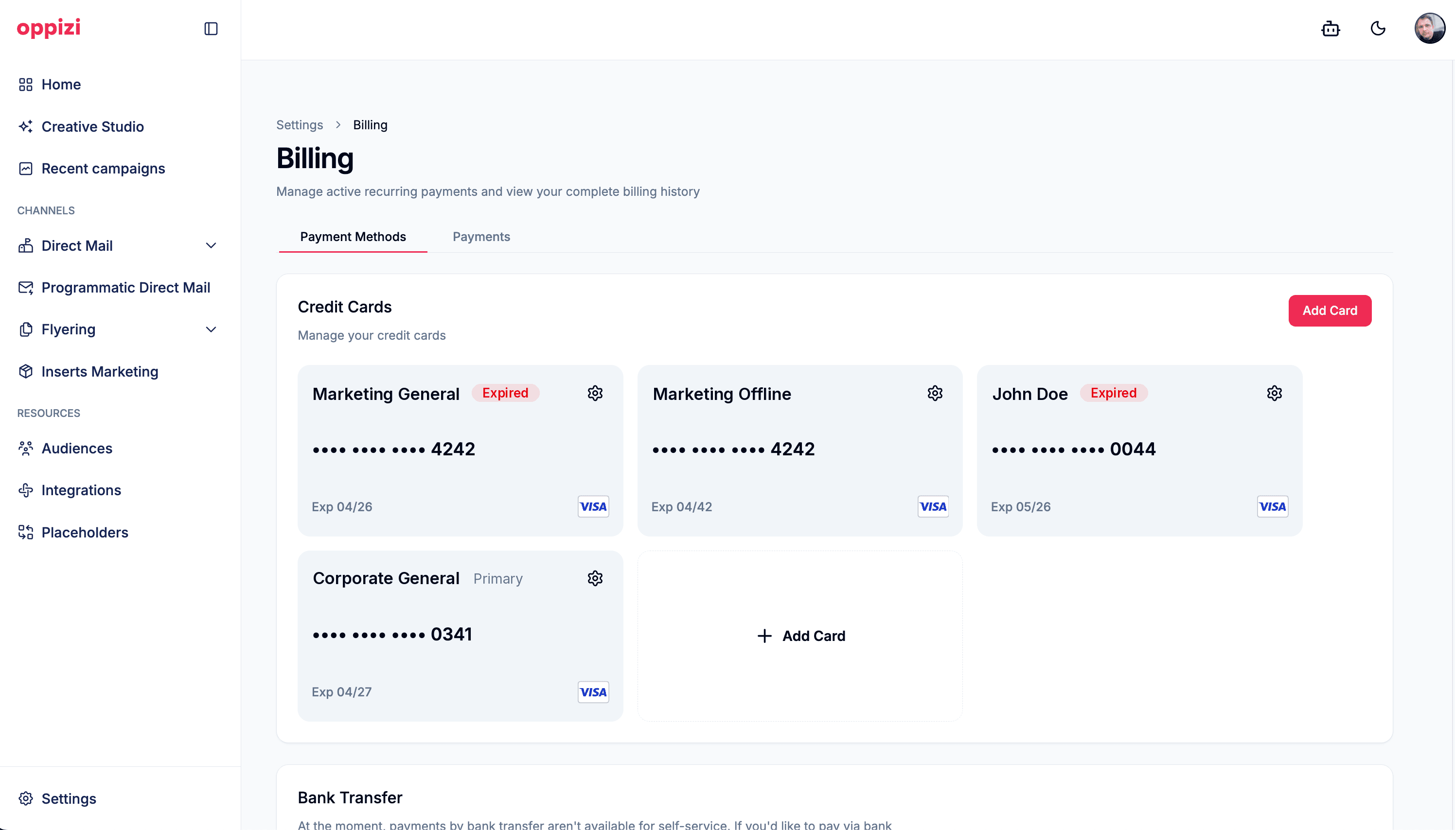Billing dashboard showing credit card payment methods and a bank transfer option.
