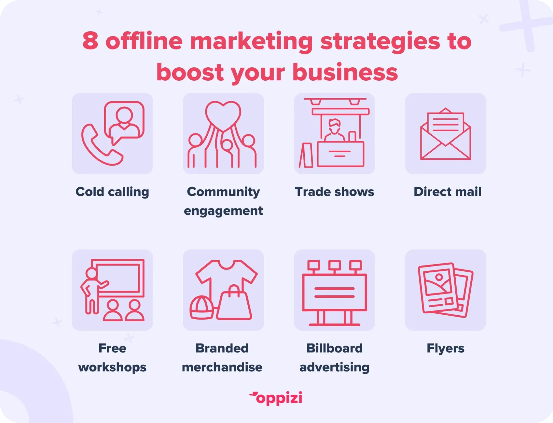 8 offline marketing strategies to boost your business:
Cold calling
Community engagement
Trade shows
Direct mail
Free workshops
Branded merchandise
Billboard advertising
Flyers